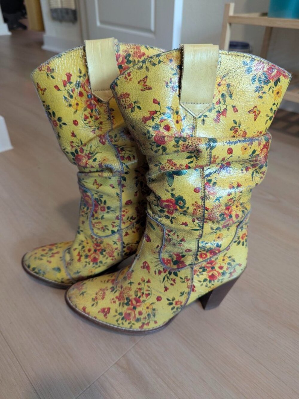 Destroy Mid-Calf Yellow Floral Leather Western Heeled Boot